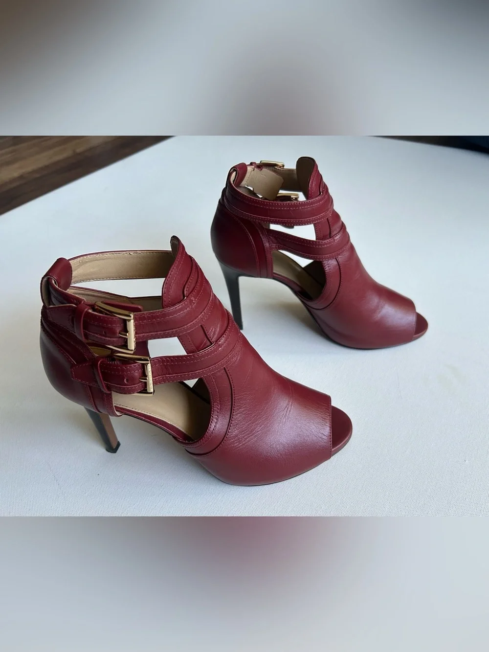 Michael Kors Blaze Leather Peep Toe Stiletto Heels Shoe Sz 8.5 Brandy Red